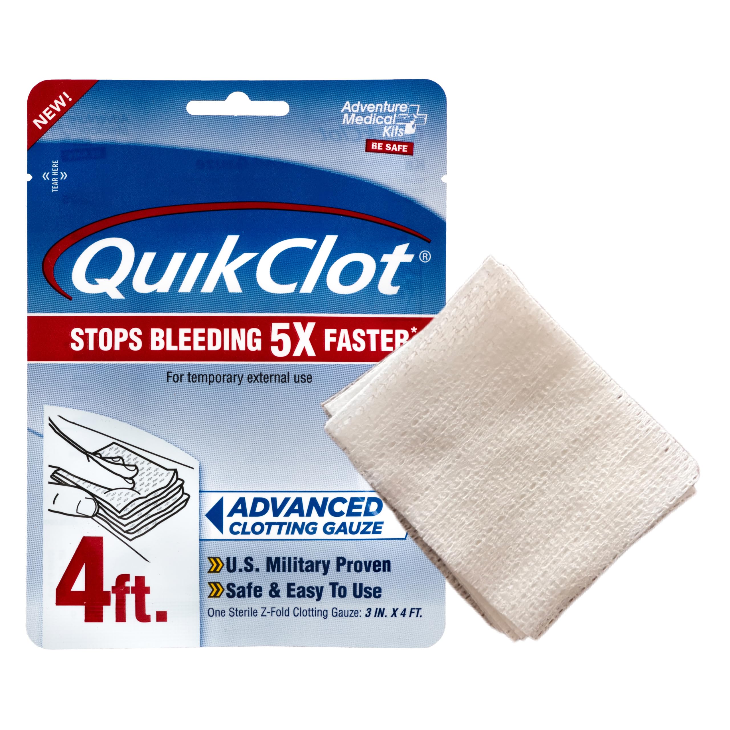 Adventure Medical Kits QuikClot Gauze - Flexible Hemostatic Medical Gauze for Emergency Survival or Disaster Preparedness Kits & More - Stops Bleeding Fast with Kaolin - 3" x 24"